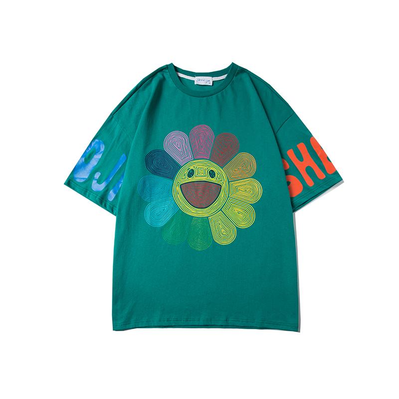 Summer sun flower smiley face print loose hip hop t-shirt