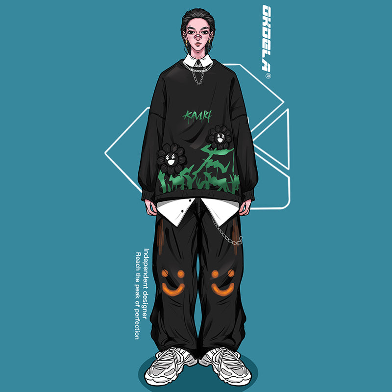 Smiley Graffiti Print Loose Straight-Leg Pants