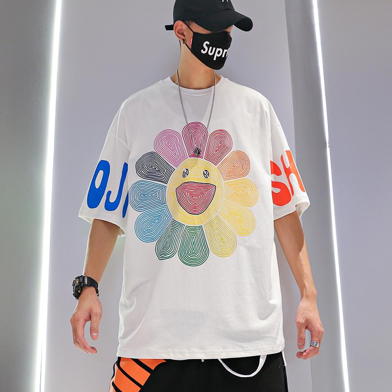 Summer sun flower smiley face print loose hip hop t-shirt