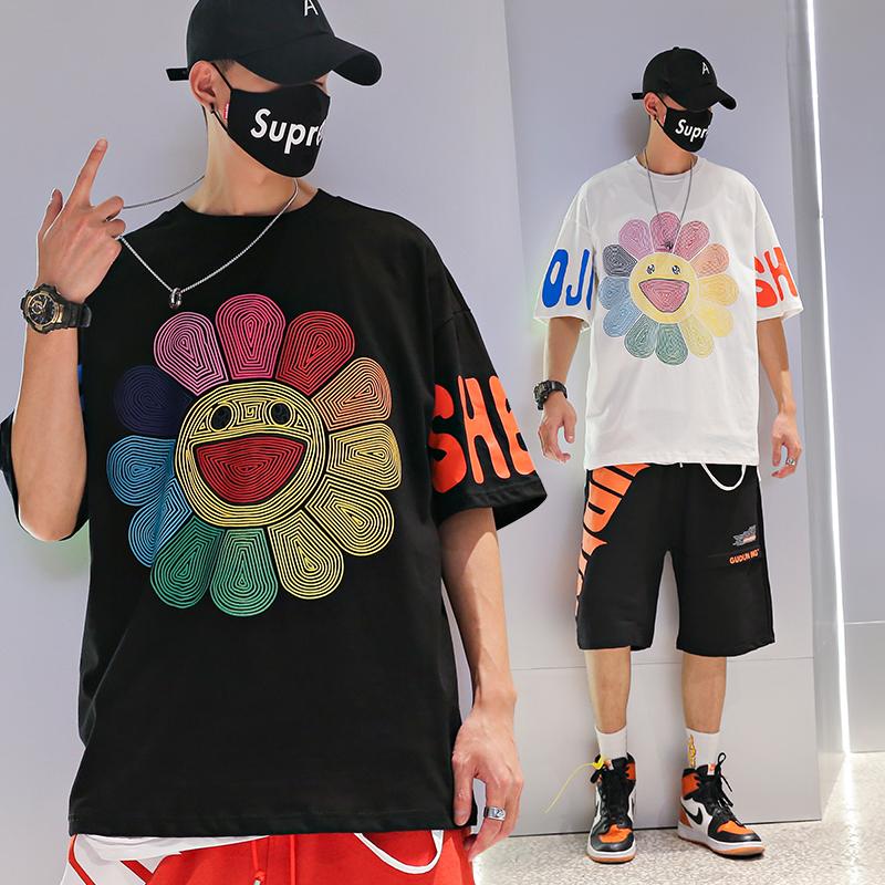 Summer sun flower smiley face print loose hip hop t-shirt