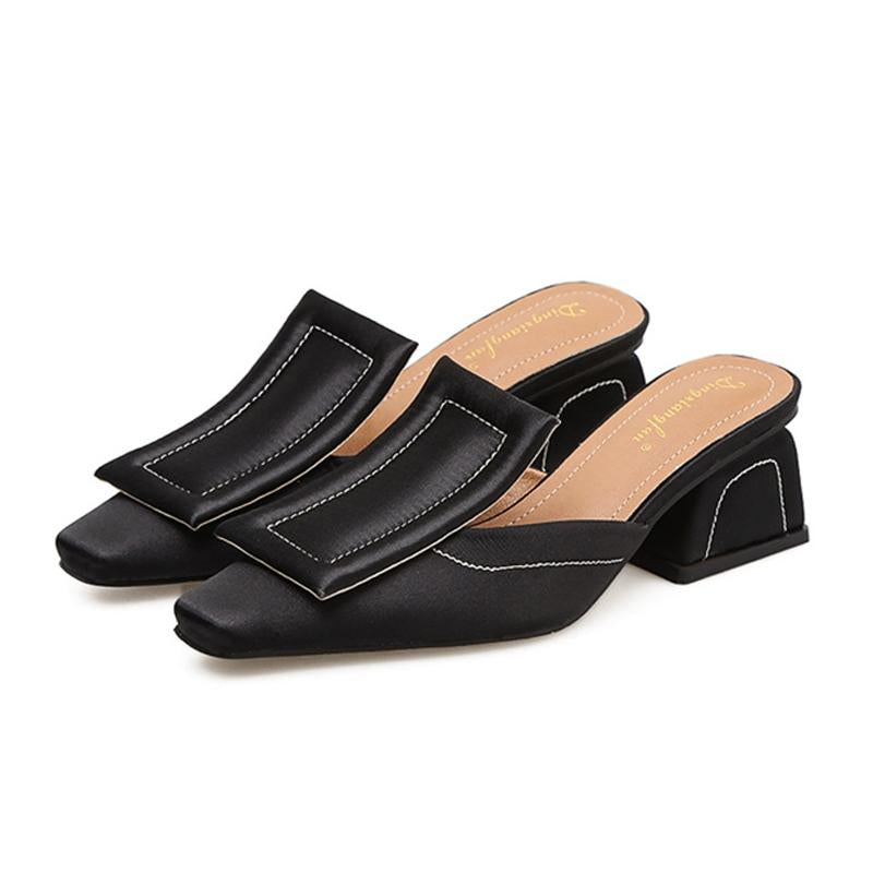 Chunky Heel Genuine Leather Square Toe Shoes