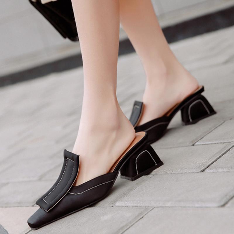 Chunky Heel Genuine Leather Square Toe Shoes