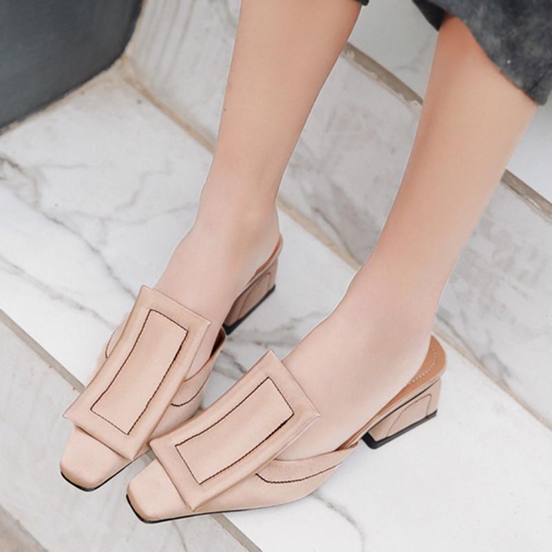 Chunky Heel Genuine Leather Square Toe Shoes