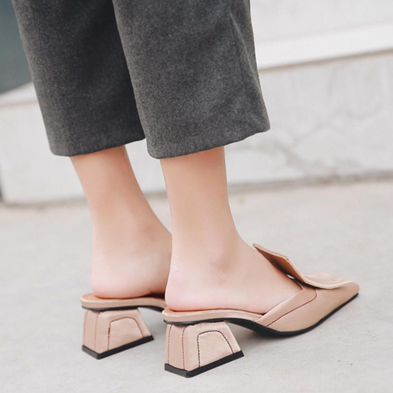 Chunky Heel Genuine Leather Square Toe Shoes