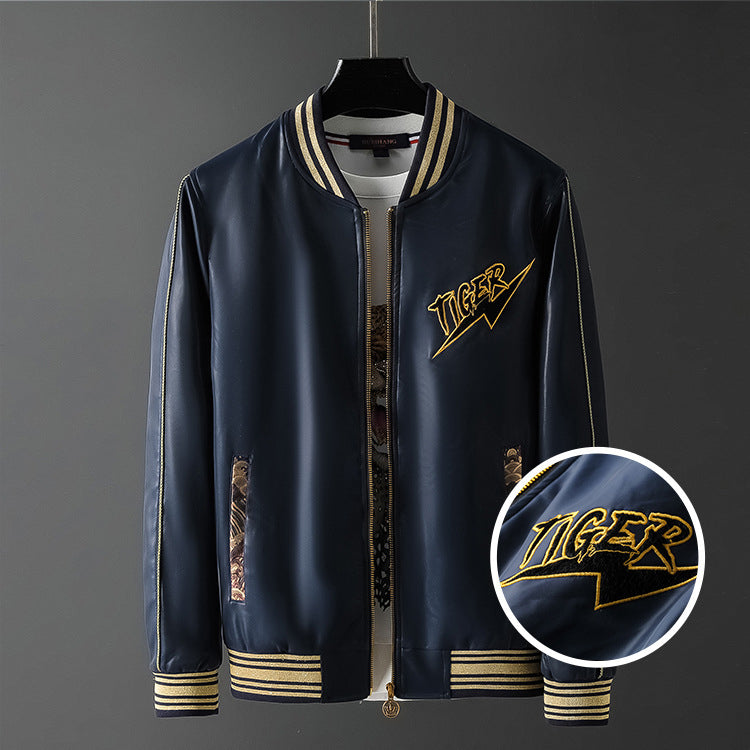 Embroidered Leather Bomber Jacket
