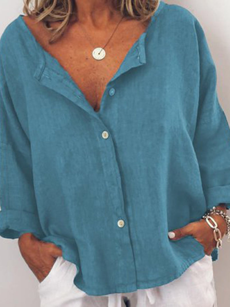 Casual Solid V Neck  Long Sleeve Buttoned Tops