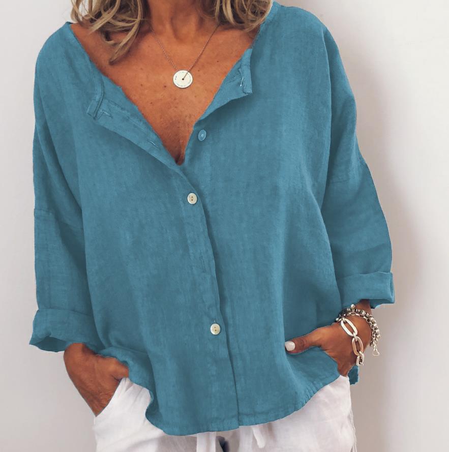 Casual Solid V Neck  Long Sleeve Buttoned Tops