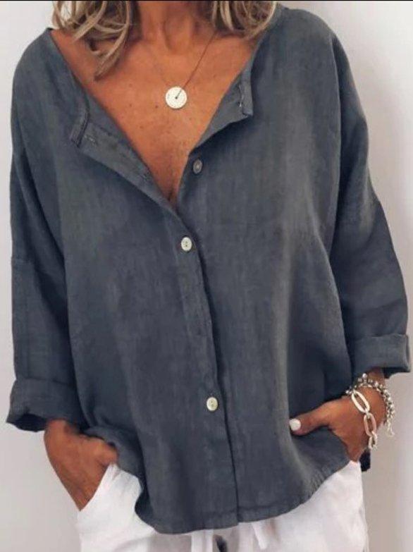 Casual Solid V Neck  Long Sleeve Buttoned Tops