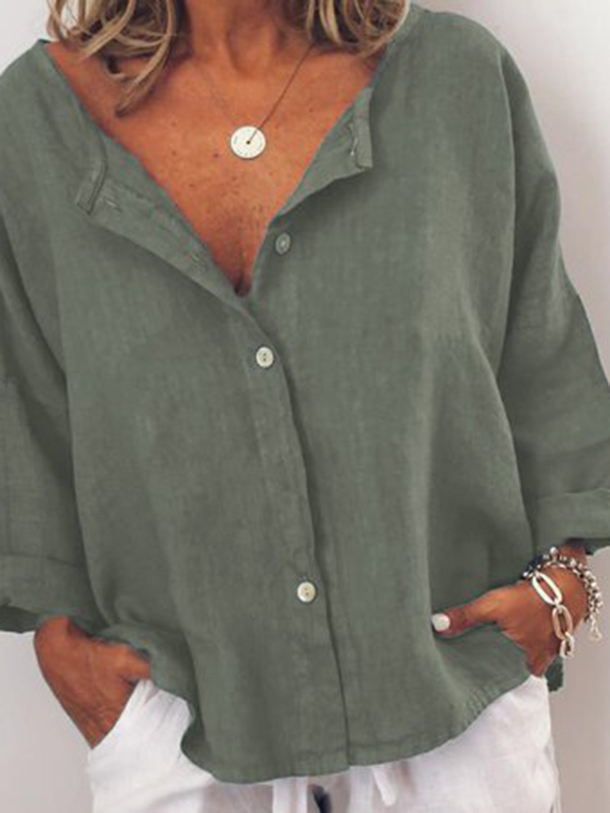 Casual Solid V Neck  Long Sleeve Buttoned Tops