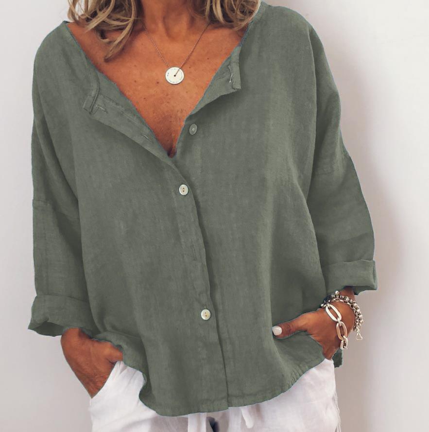 Casual Solid V Neck  Long Sleeve Buttoned Tops
