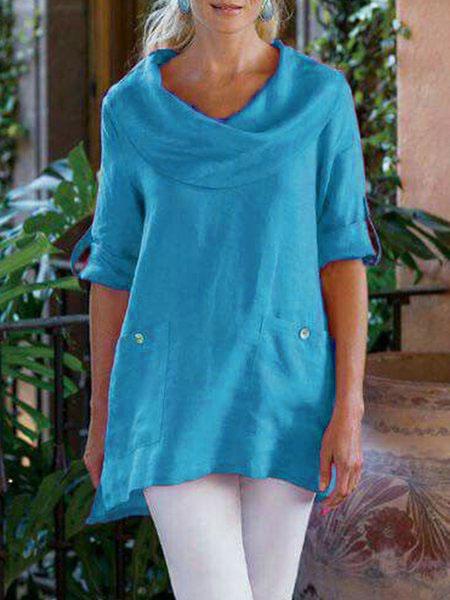 Pockets Long Sleeve Cowl Neck Cotton-Blend Shirt