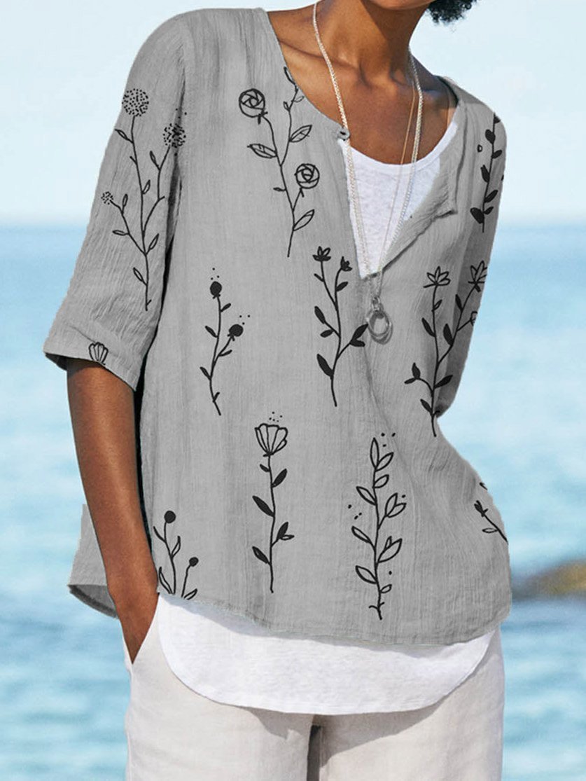Floral Half Sleeve Casual V Neck Shirts & Tops