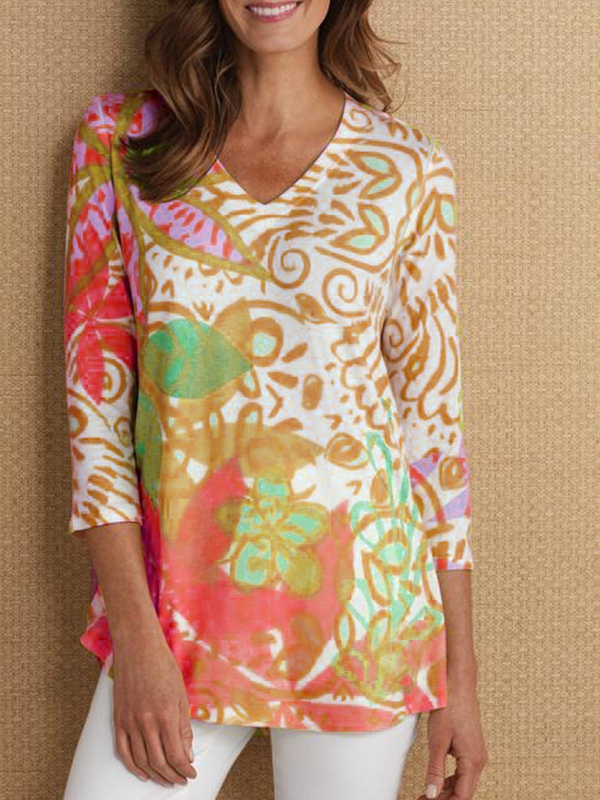 3/4 Sleeve Printed Casual V Neck T-Shirts