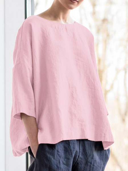 Solid Round Neck Casual Blouse Shirt