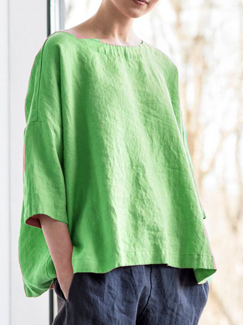 Solid Round Neck Casual Blouse Shirt