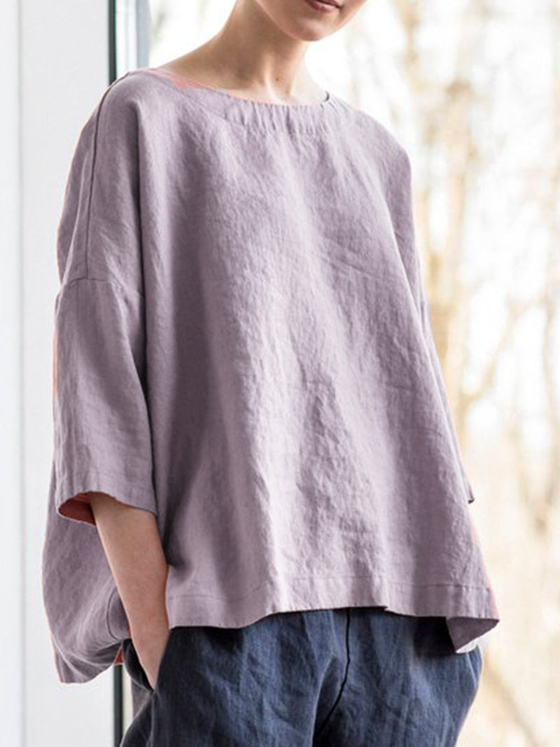 Solid Round Neck Casual Blouse Shirt