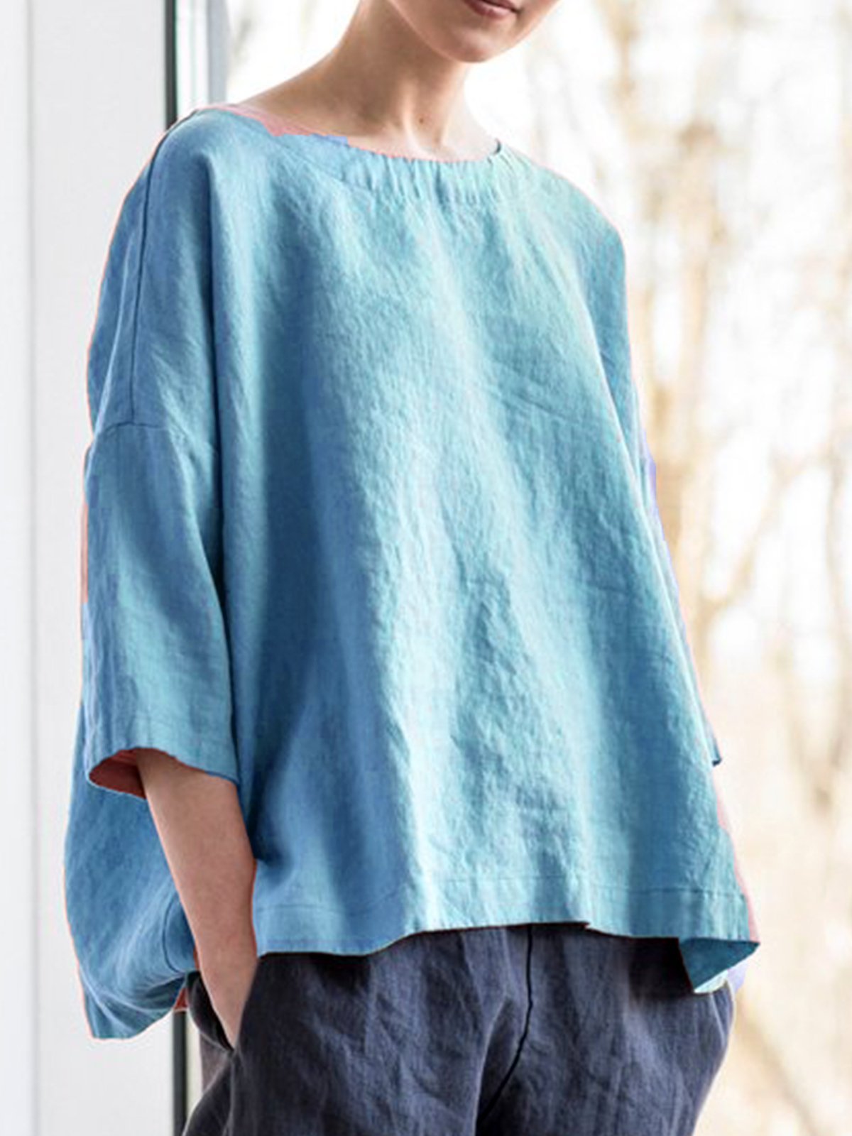 Solid Round Neck Casual Blouse Shirt