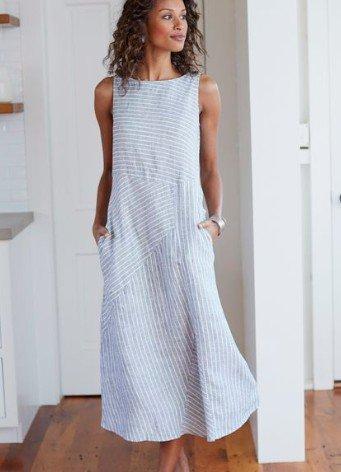Cotton Striped Dresses Crew Neck Light Gray Women Dresses Shift Daily