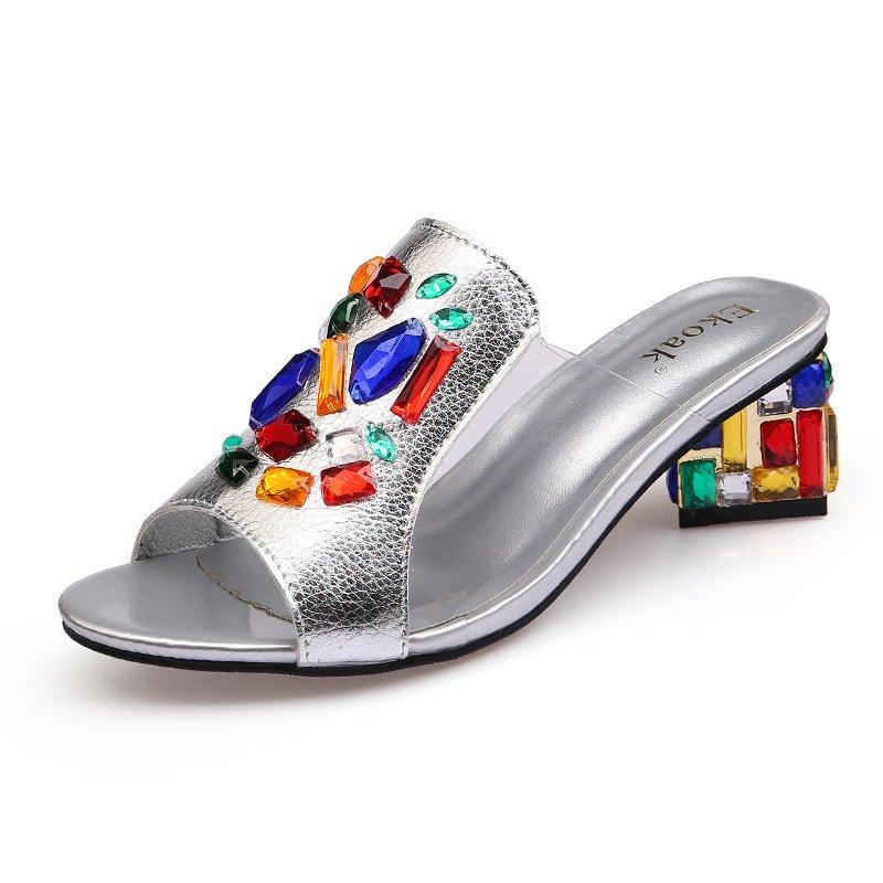 Genuine Leather Rhinestone Daily Peep Toe Slippers