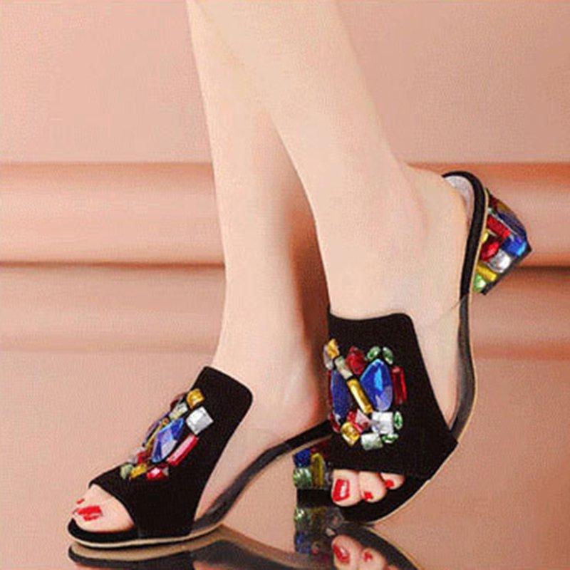 Genuine Leather Rhinestone Daily Peep Toe Slippers