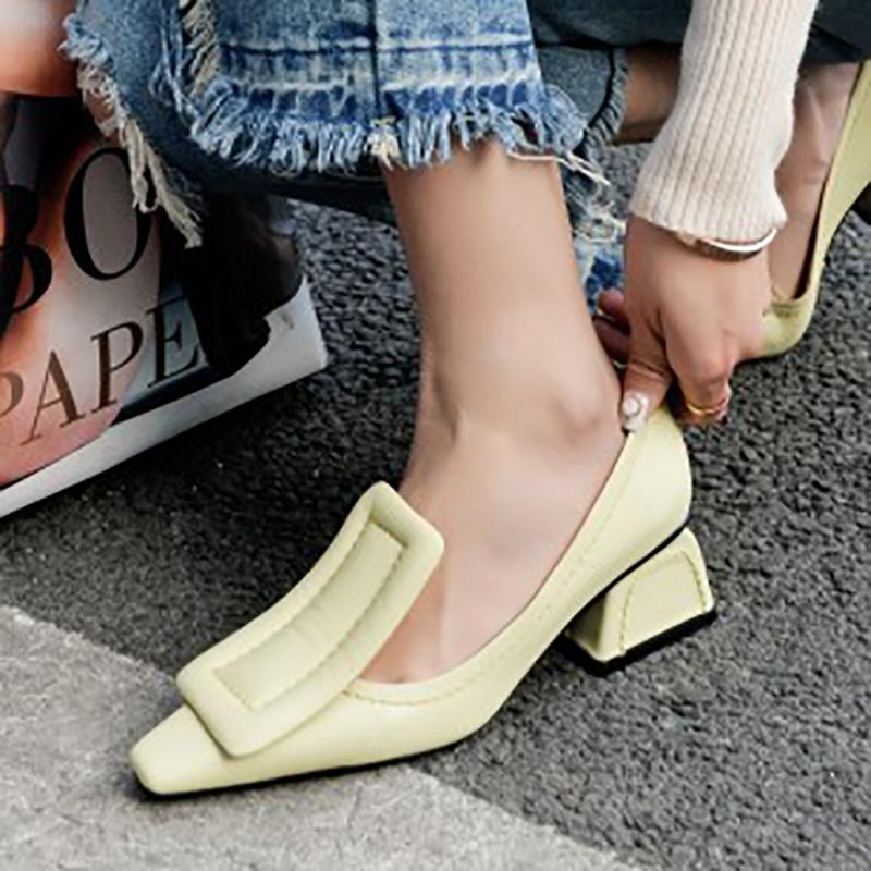 Chunky Heel Genuine Leather Square Toe Shoes