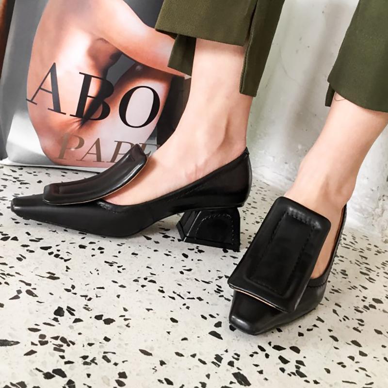 Chunky Heel Genuine Leather Square Toe Shoes