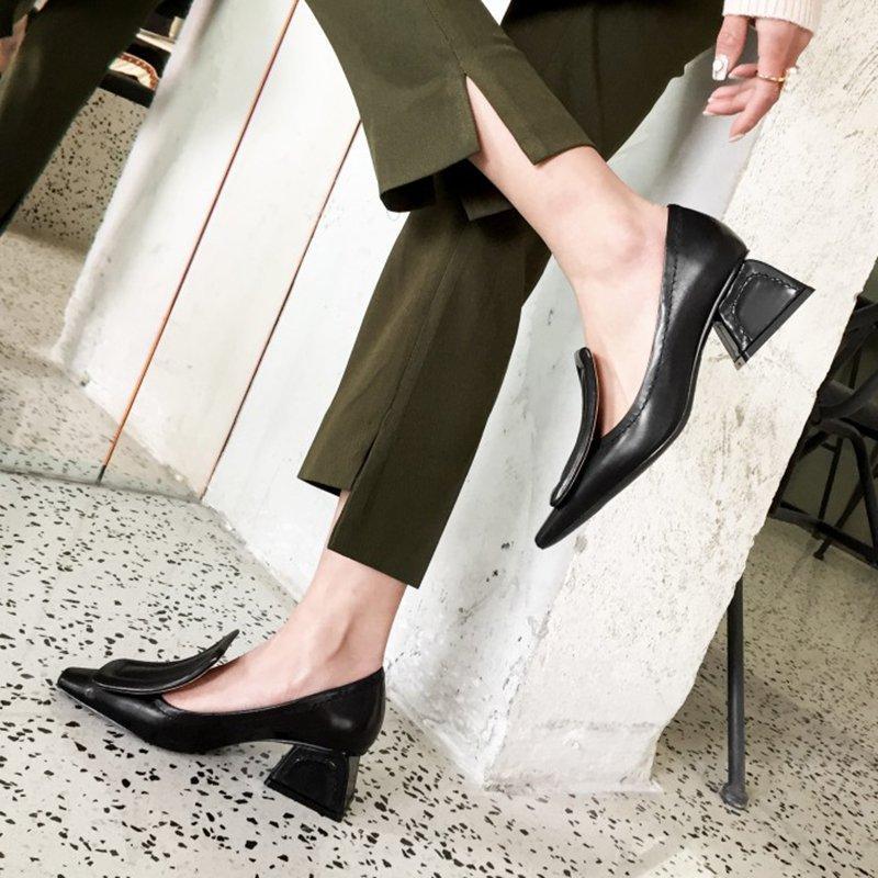 Chunky Heel Genuine Leather Square Toe Shoes