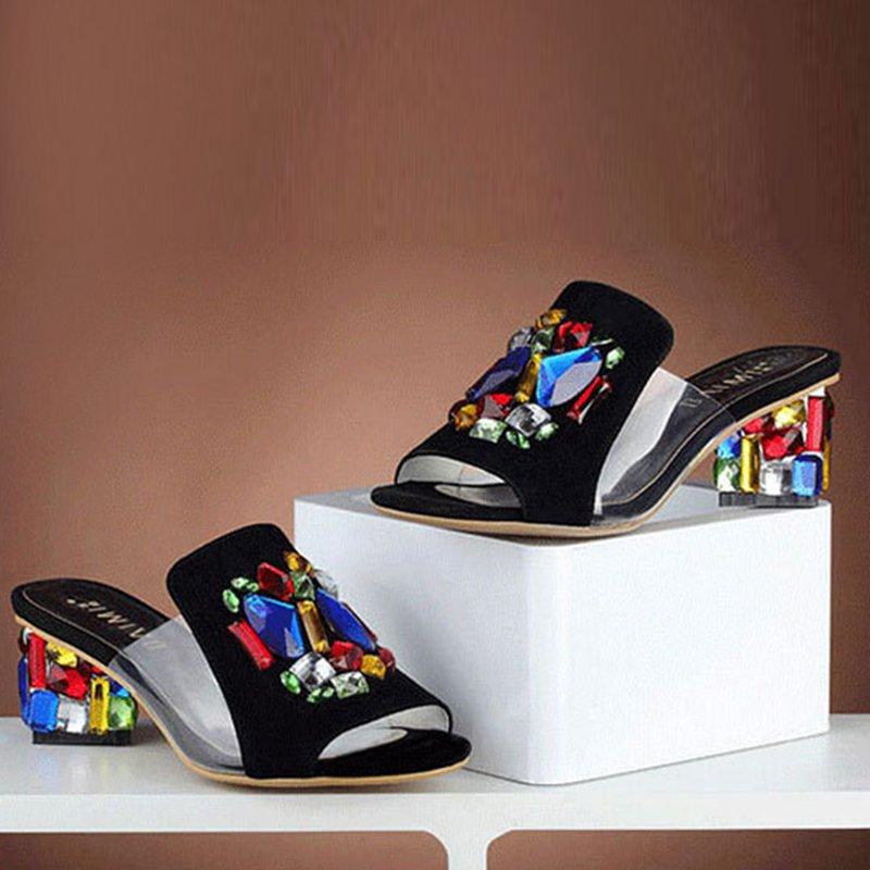 Genuine Leather Rhinestone Daily Peep Toe Slippers