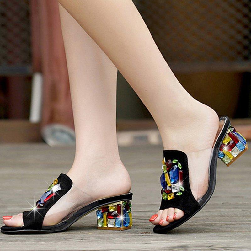 Genuine Leather Rhinestone Daily Peep Toe Slippers