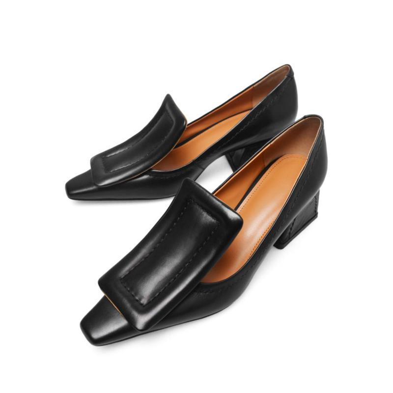 Chunky Heel Genuine Leather Square Toe Shoes