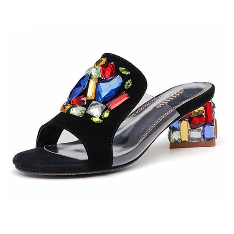 Genuine Leather Rhinestone Daily Peep Toe Slippers