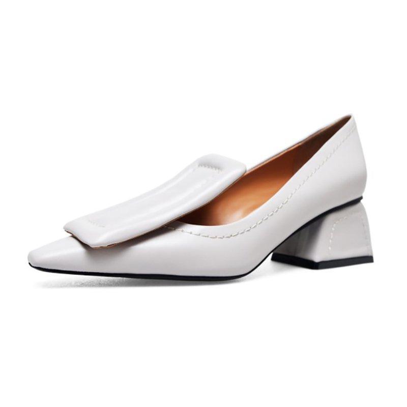 Chunky Heel Genuine Leather Square Toe Shoes