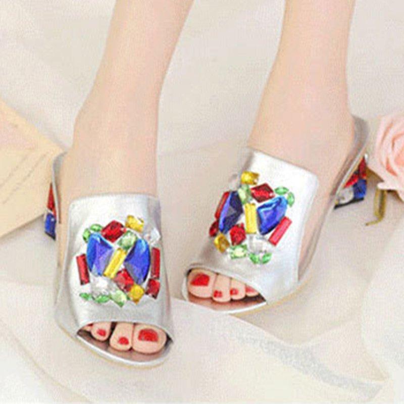 Genuine Leather Rhinestone Daily Peep Toe Slippers
