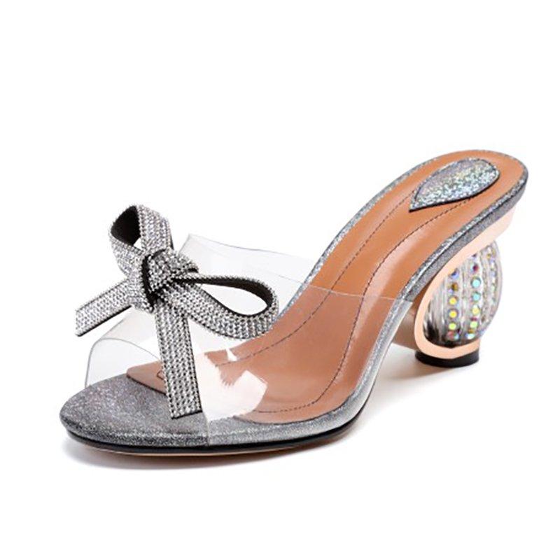 Rhinestone Bowknot Summer Strange Heel Peep Toe Slippers