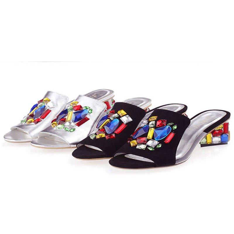 Genuine Leather Rhinestone Daily Peep Toe Slippers