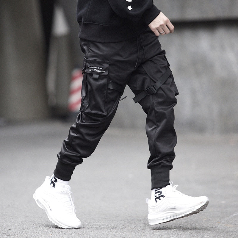 Men Ribbons Color Block Black Pocket Cargo Pants
