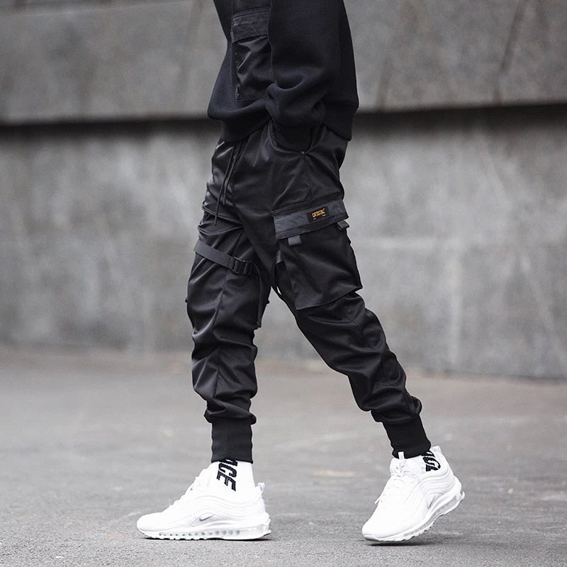 Men Ribbons Color Block Black Pocket Cargo Pants