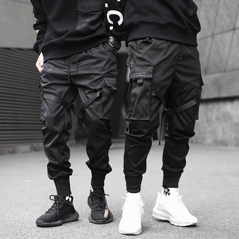 Men Ribbons Color Block Black Pocket Cargo Pants