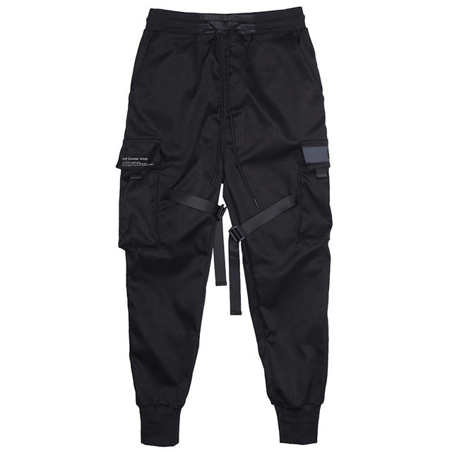 Men Ribbons Color Block Black Pocket Cargo Pants