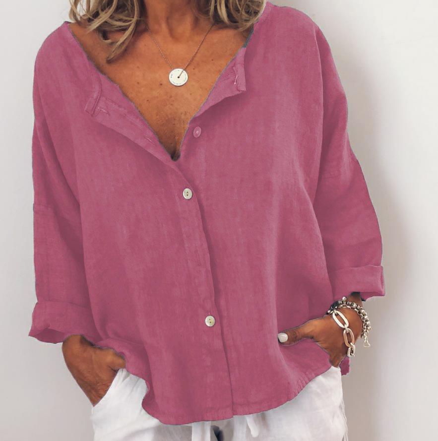 Casual Solid V Neck  Long Sleeve Buttoned Tops