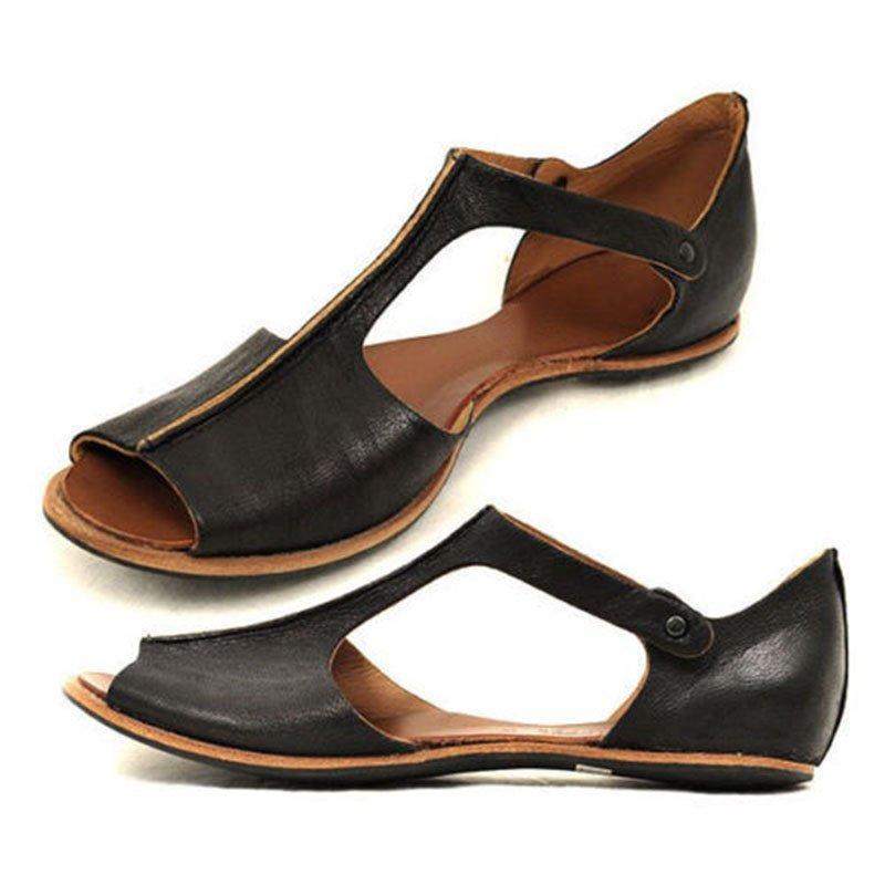 Vintage Black Flat Peep Toe Slip-on Sandals Plus Sizes