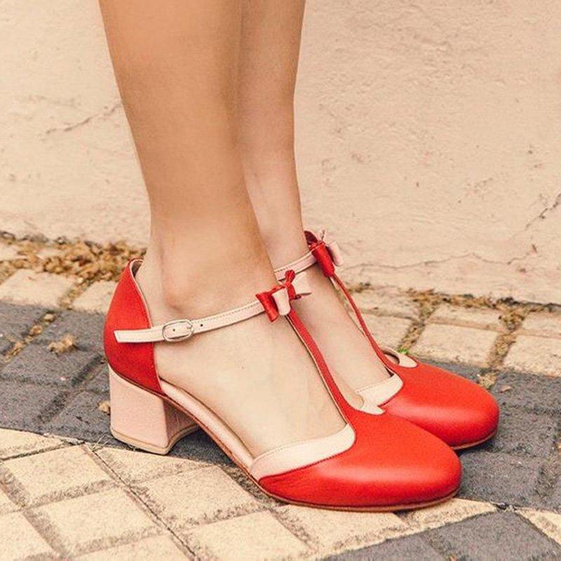 T-Strap Bowknot Summer Casual Chunky Heel Buckle Womens Sandals