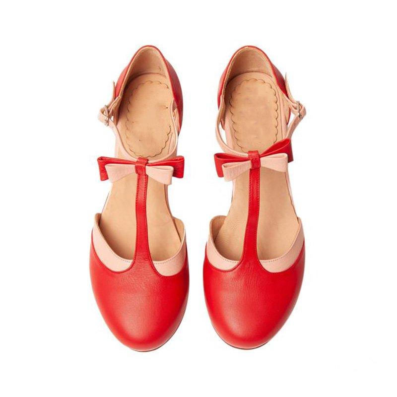 T-Strap Bowknot Summer Casual Chunky Heel Buckle Womens Sandals